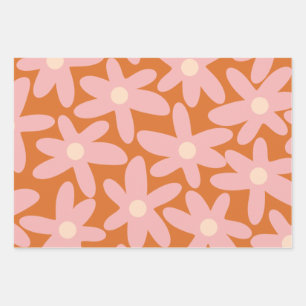 Feuille De Papier Cadeau Fleurs mignonnes motifs floraux en orange et rose