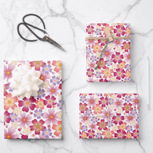 Feuille De Papier Cadeau Fleurs mixtes rêvées sur blanc (Recto)