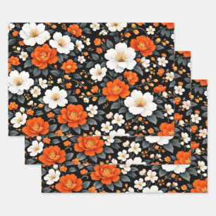 Feuille De Papier Cadeau Fleurs orange et blanches vibrantes sur fond noir