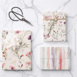Feuille De Papier Cadeau Fleurs Papillons Mariage Rose Rouge Violet