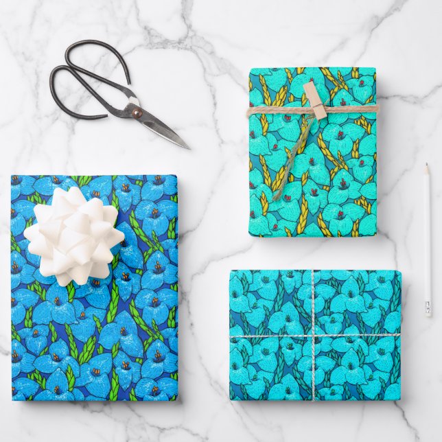 Feuille De Papier Cadeau Fleurs Puya Bleues Motif botanique floral (Recto)