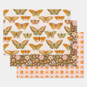 Feuille De Papier Cadeau Fleurs Rétro Groovy, Papillons et Géométrique