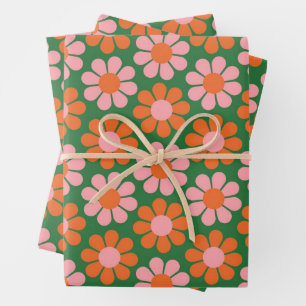 Feuille De Papier Cadeau Fleurs Rétro Vert Orange Rose Cute