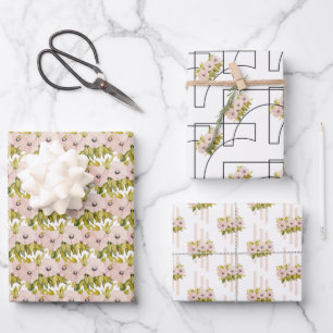 Feuille De Papier Cadeau Fleurs rose anémone Aquarelle peinte à la main