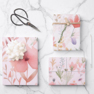Feuille De Papier Cadeau Fleurs roses à l'aquarelle
