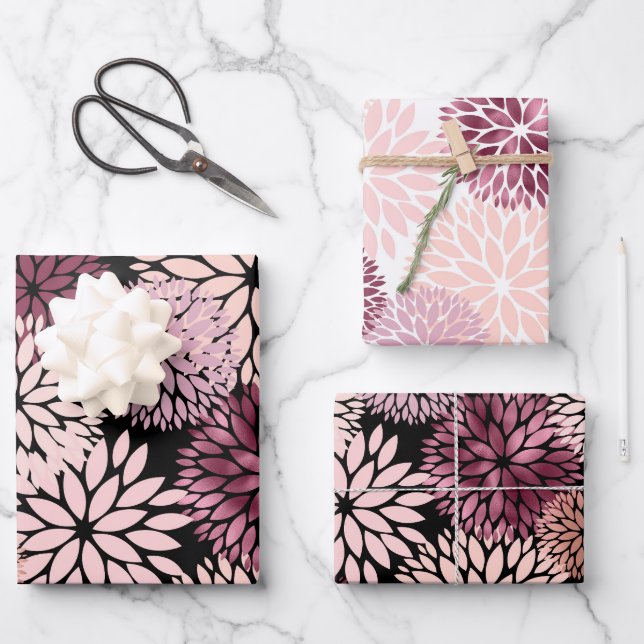 Feuille De Papier Cadeau Fleurs roses bleues bordeaux (Recto)