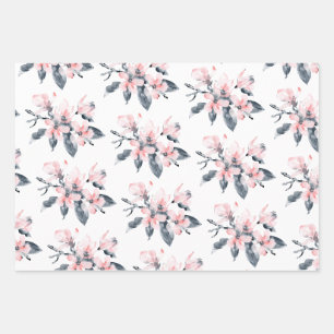 Feuille De Papier Cadeau Fleurs roses et grises, motif aquarelle élégant