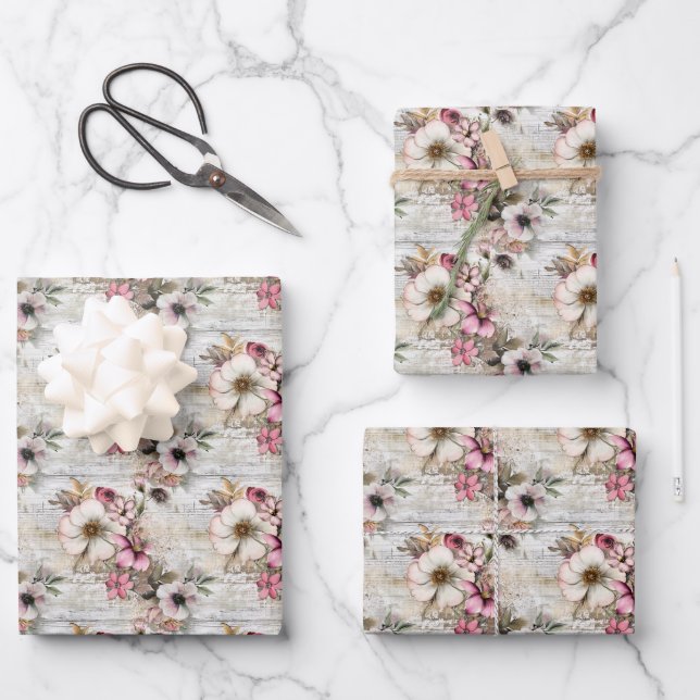 Feuille De Papier Cadeau Fleurs roses et ivoire sur fond texturé (Recto)