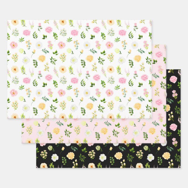 Feuille De Papier Cadeau Fleurs roses et jaunes avec Motif de feuillage (Lot)