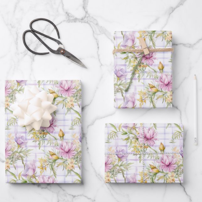 Feuille De Papier Cadeau Fleurs roses, jaunes, violettes sur Arrière - plan (Recto)