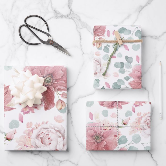 Feuille De Papier Cadeau Fleurs roses poussiéreuses Élégant Motif botanique (Recto)
