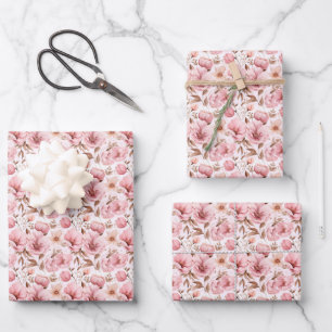 Feuille De Papier Cadeau Fleurs roses poussiéreuses sur fond blanc