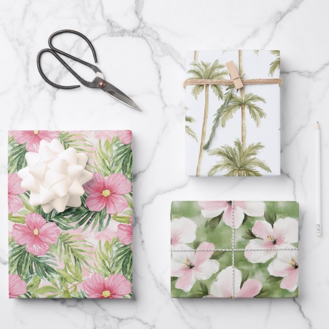 Feuille De Papier Cadeau Fleurs roses tropicales Palm Trees Mariage (Recto)