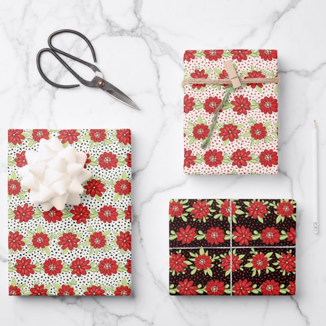 Feuille De Papier Cadeau Fleurs rouges en bandes florales (Recto)