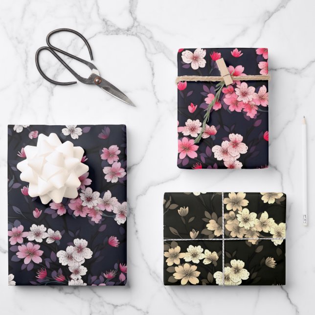 Feuille De Papier Cadeau Fleurs Sakura Roses Noires, Design Motif, (Recto)