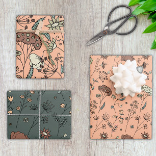 Feuille De Papier Cadeau Fleurs sauvages botaniques Pêchent Fuzz & Vert oli