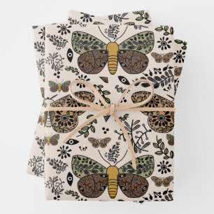 Feuille De Papier Cadeau Fleurs sauvages de papillon de nuit bohème moderne