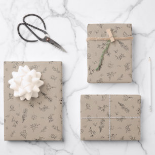 Feuille De Papier Cadeau Fleurs sauvages esquissées sur fond brun clair