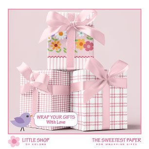 Feuille De Papier Cadeau Fleurs sauvages et bandes roses Anniversaire