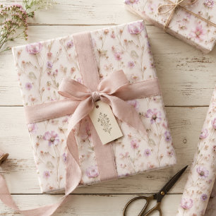 Feuille De Papier Cadeau Fleurs sauvages peints en rose pastel avec effet 3