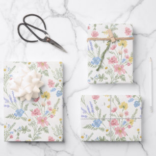 Feuille De Papier Cadeau Fleurs sauvages rose jaune bleu Style aquarelle