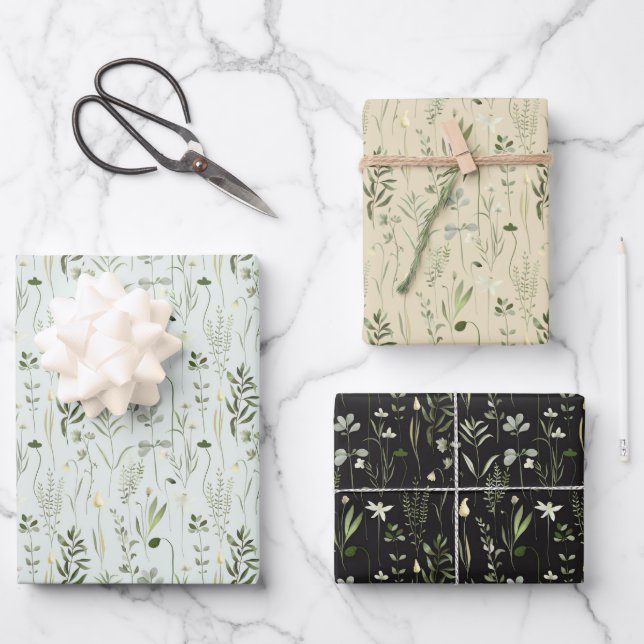 Feuille De Papier Cadeau Fleurs sauvages verts et blancs (Recto)