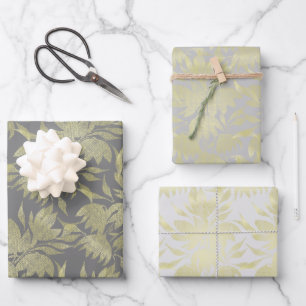 Feuille De Papier Cadeau Fleurs stylisées Art Déco dorées et grises