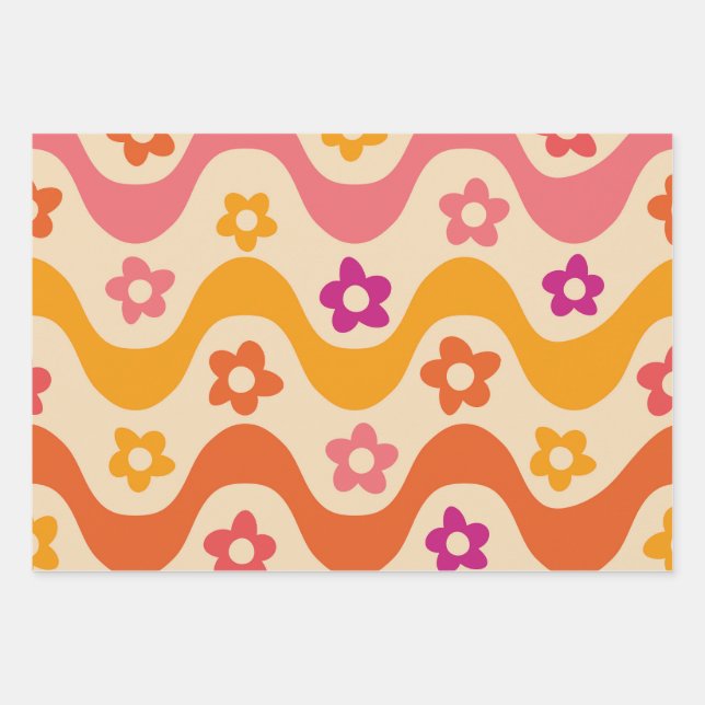 Feuille De Papier Cadeau Fleurs Super mignonnes motif sur ondes rétro (Devant 3)