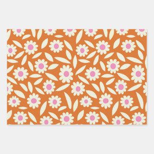 Feuille De Papier Cadeau Fleurs super Retro Daisies Motif sur orange