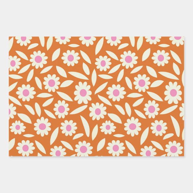 Feuille De Papier Cadeau Fleurs super Retro Daisies Motif sur orange (Devant)