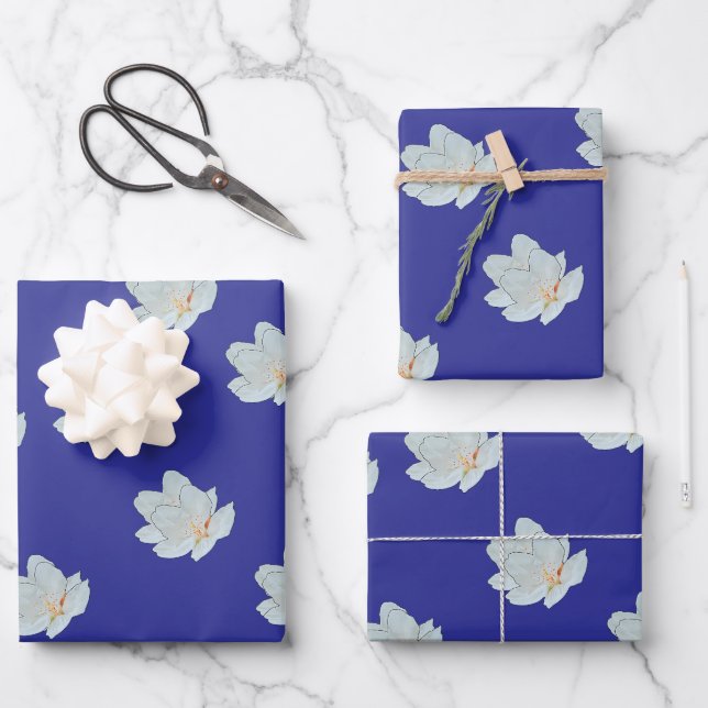 Feuille De Papier Cadeau Fleurs sur fond bleu foncé (Recto)