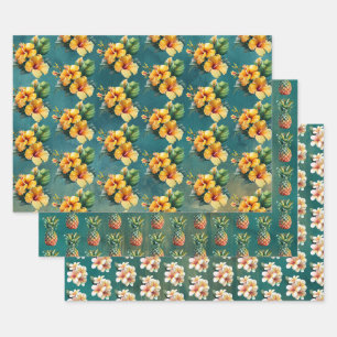 Feuille De Papier Cadeau Fleurs tropicales de l'Hibiscus de l'ananas turquo