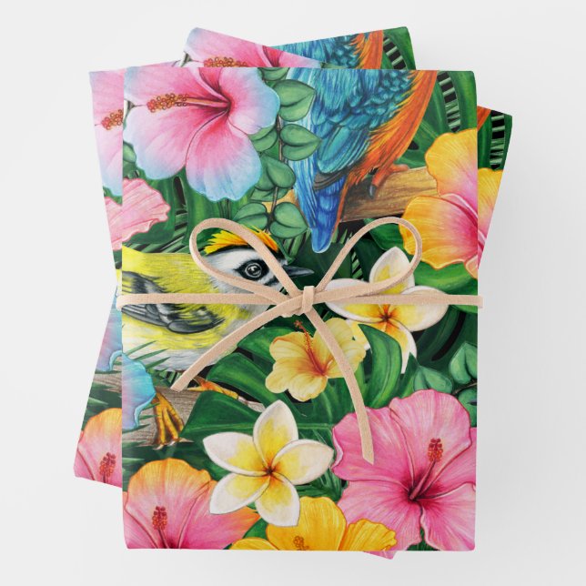 Feuille De Papier Cadeau Fleurs tropicales et oiseaux dynamiques  (En situation)