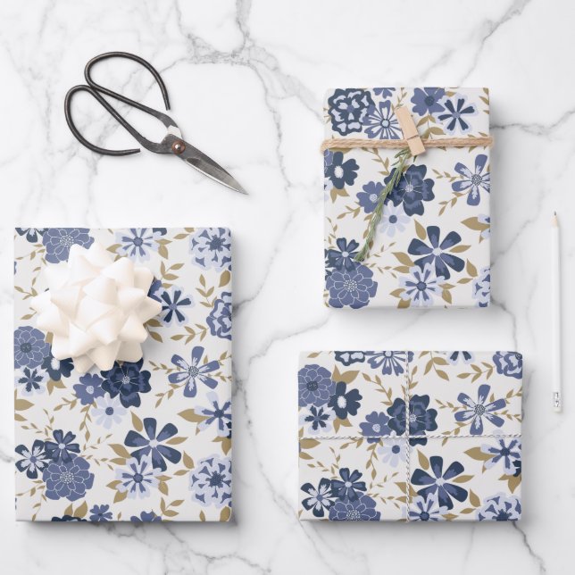 Feuille De Papier Cadeau Fleurs Vin Bleu Botanique Motif Cadeau (Recto)