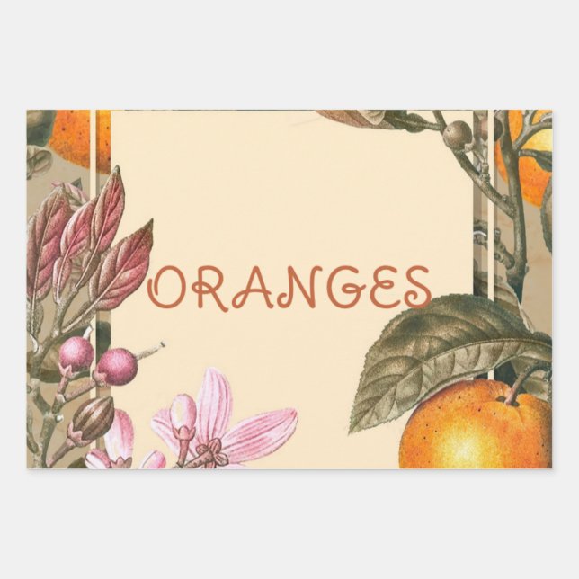 Feuille De Papier Cadeau Fleurs Vintage et Oranges (Devant)