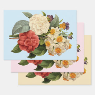 Feuille De Papier Cadeau Fleurs vintages, Camellias et Narcisse, Redoute