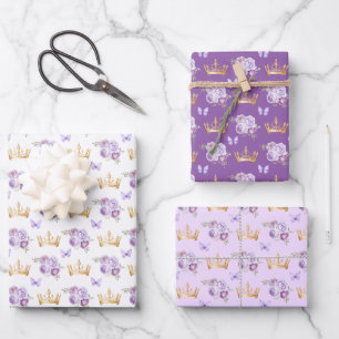 Feuille De Papier Cadeau Fleurs violettes de lilas et couronnes d'or