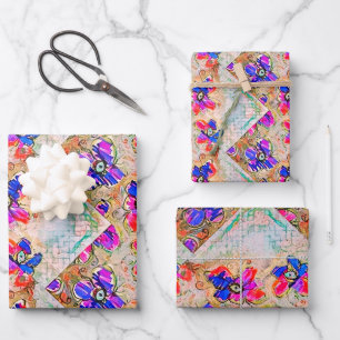 Feuille De Papier Cadeau Fleurs violettes et bleues Carrés Zigzags