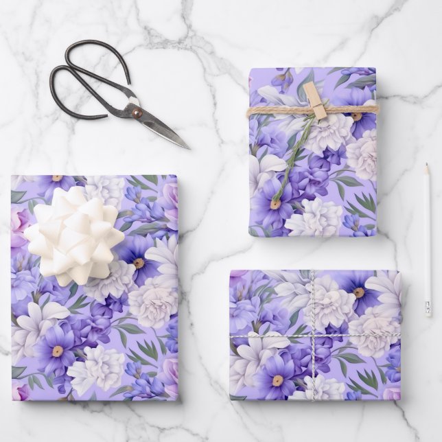 Feuille De Papier Cadeau Fleurs violettes romantiques (Recto)