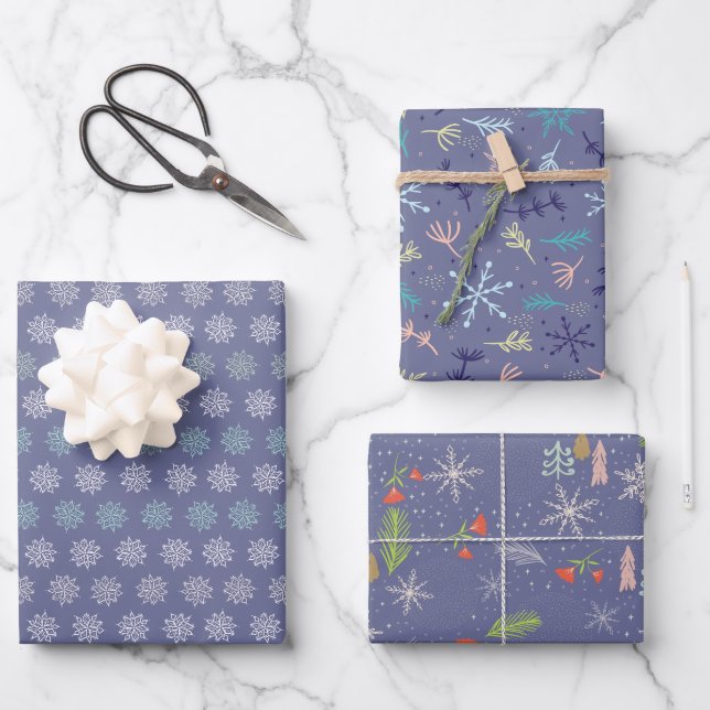 Feuille De Papier Cadeau Flocon de neige Bundle Noël : Périwinkle Bleu (Recto)