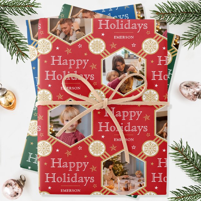 Feuille De Papier Cadeau Flocon de neige de Noël Photo Rouge Vert Bleu 3 (Créateur téléchargé)