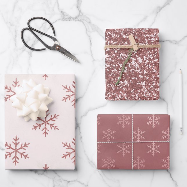 Feuille De Papier Cadeau Flocon de neige rose | Noël (Recto)