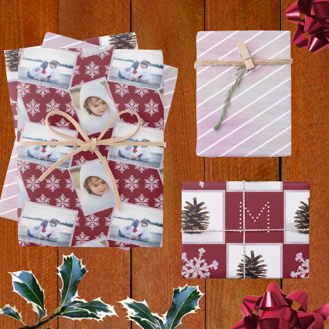 Feuille De Papier Cadeau Flocon de neige rose Pinstripes 3 Photo Noël (Créateur téléchargé)