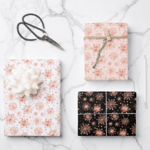 Feuille De Papier Cadeau Flocons de neige en or rose sur fond blanc