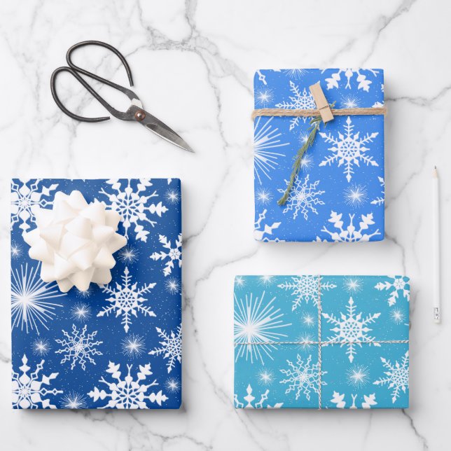 Feuille De Papier Cadeau Flocs De Neige De Noël Tons De Bleu (Recto)
