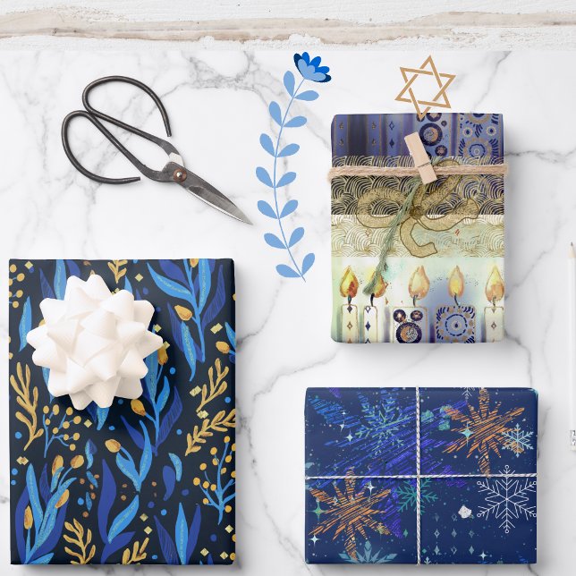 Feuille De Papier Cadeau Floral bleu, Étoiles, Motif Hanoukka clair (Blue Floral , Stars, Light Hanukkah Pattern Wrapping )