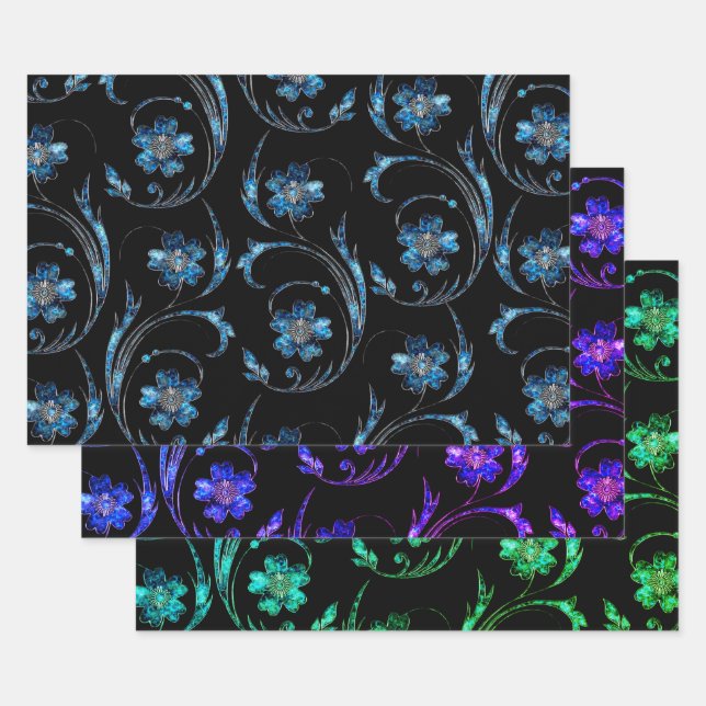 Feuille De Papier Cadeau Floral bleu Shimmer 2 (Lot)