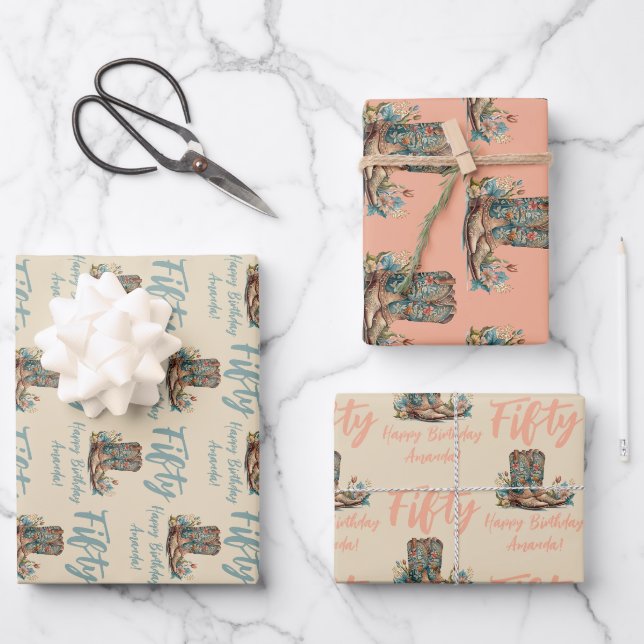 Feuille De Papier Cadeau Floral Boots Occidentaux Cinquantième anniversaire (Recto)