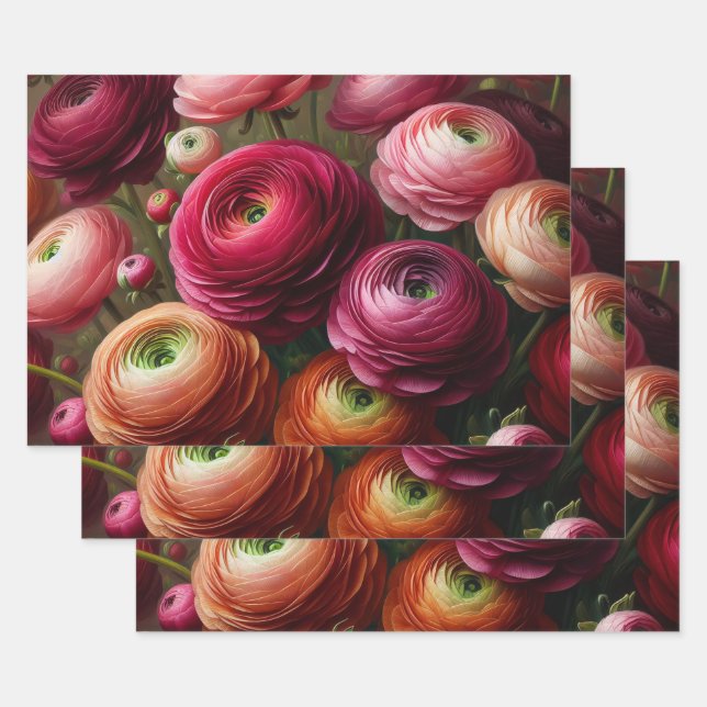 Feuille De Papier Cadeau Floral Bourgogne Ranunculus Découpage (Lot)