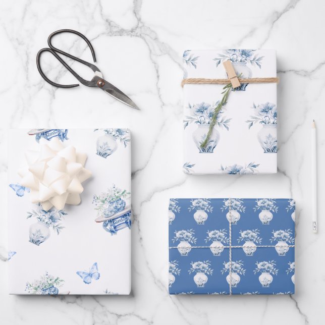 Feuille De Papier Cadeau Floral Chinoiserie bleu et blanc (Recto)